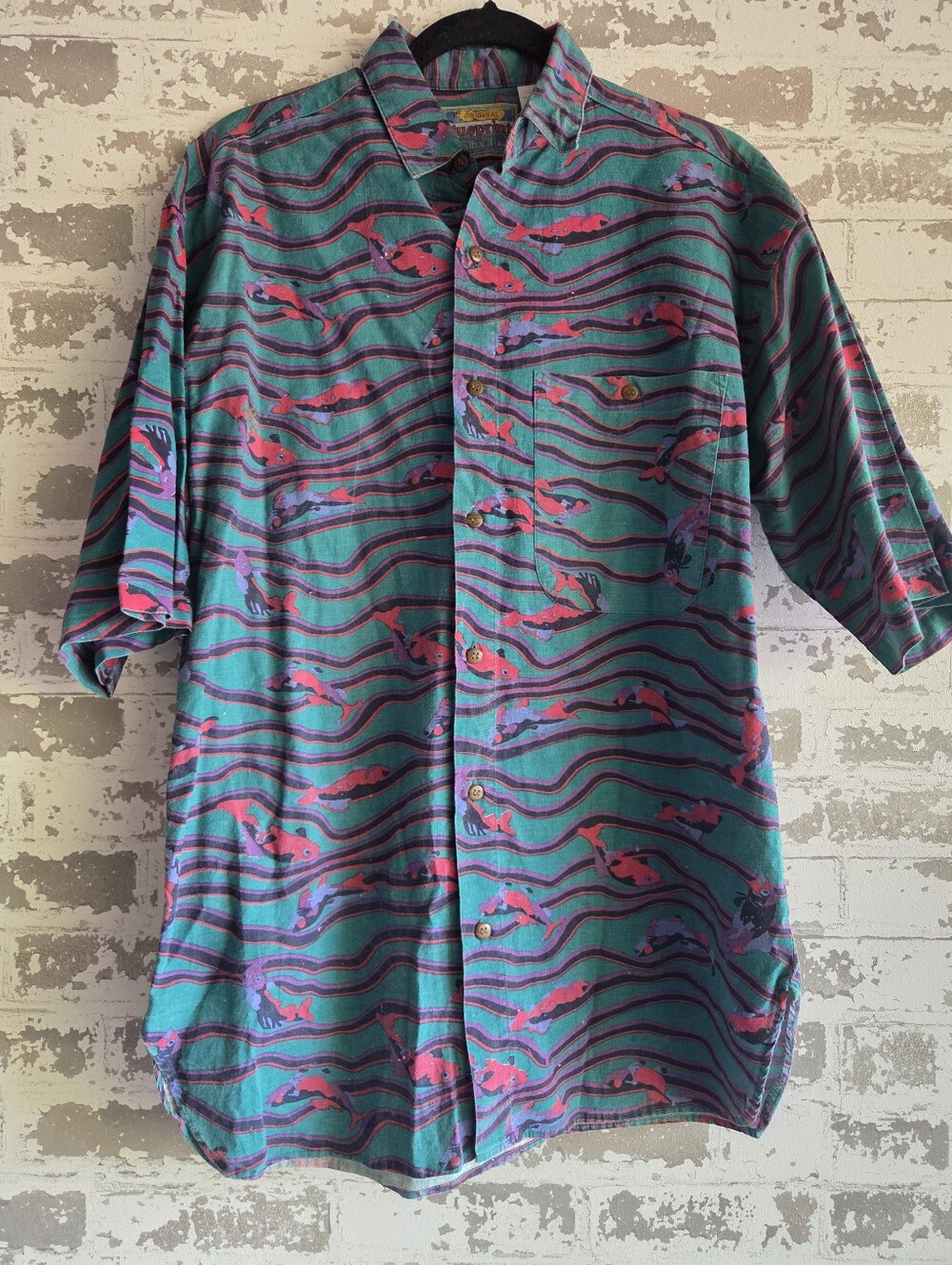 Vtg 90s Original Blueprint Label Fish Print Shirt S